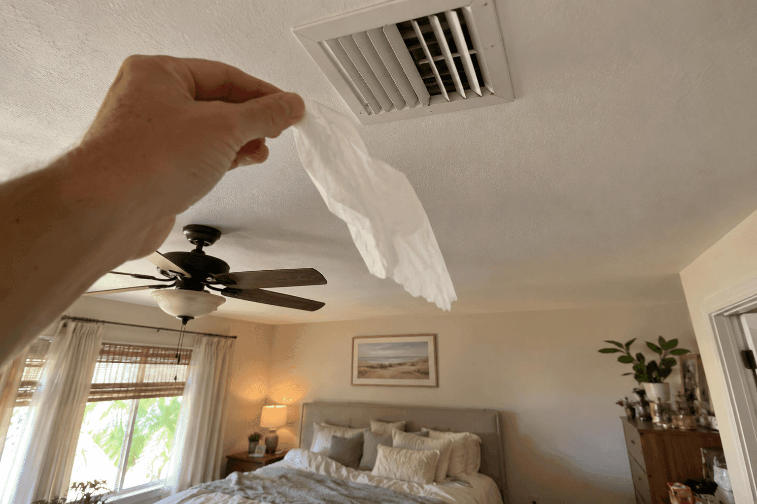 Bedroom supply vent checked for weak airflow