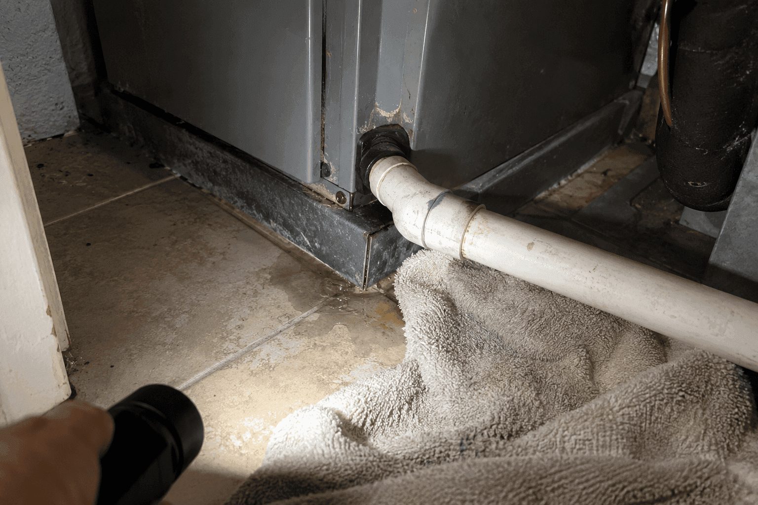 Condensate drain line and air handler inspected during maintenance