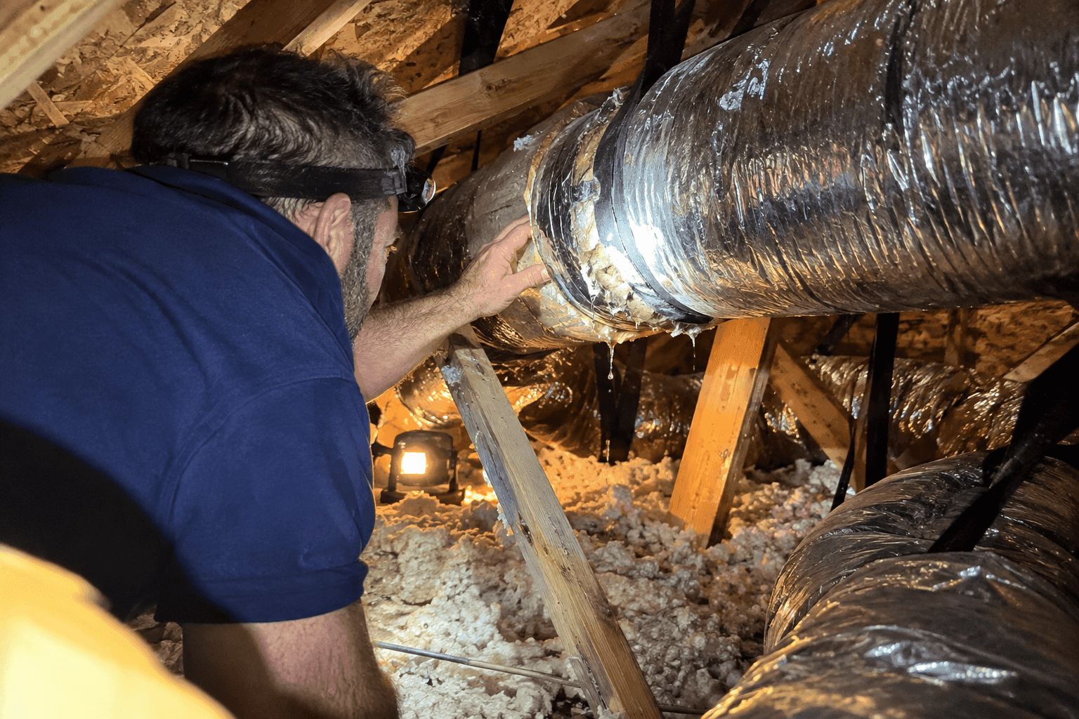 HVAC technician inspecting flexible ductwork in an attic