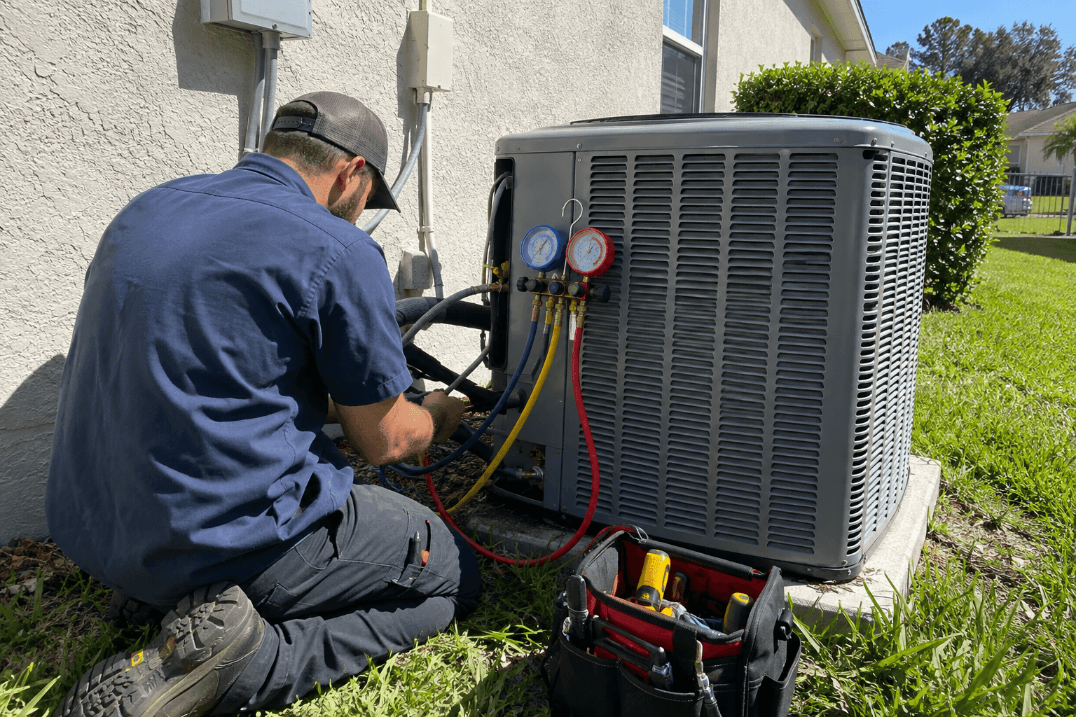 HVAC technician servicing an outdoor air conditioning unit