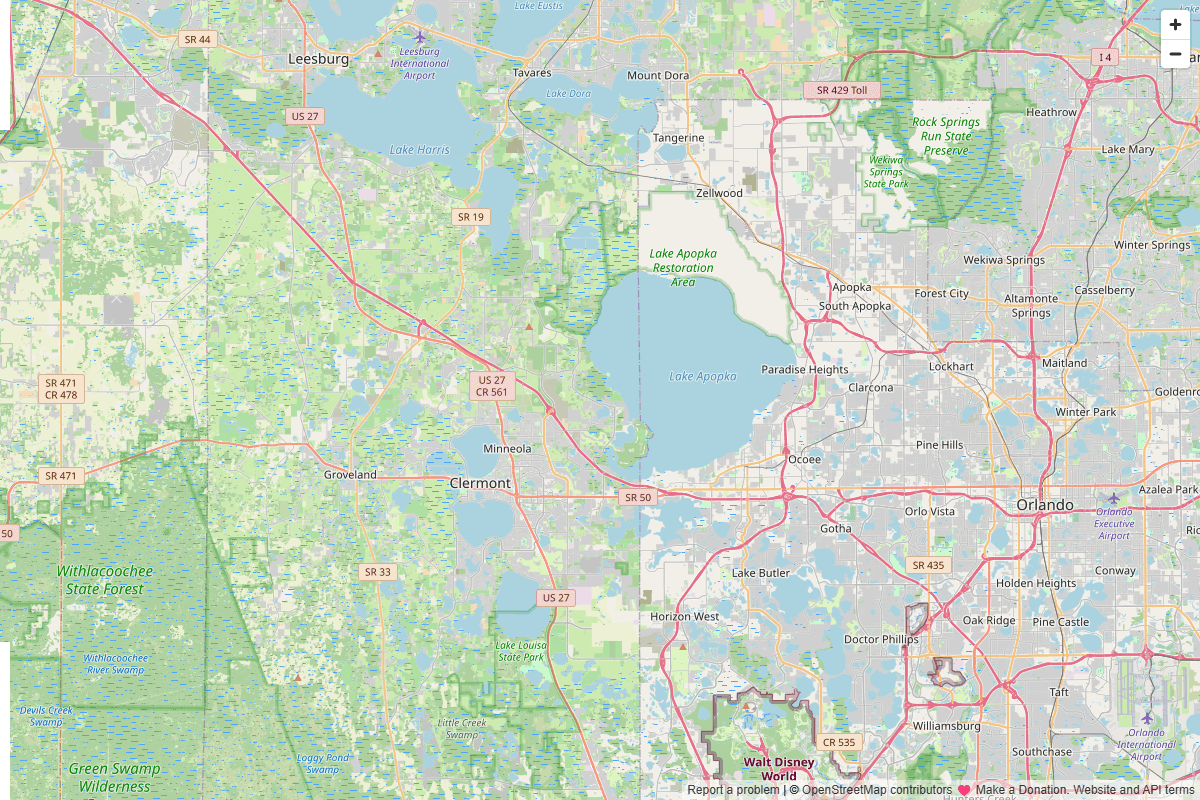 Road map showing Clermont, Groveland, Minneola, Ocoee, Apopka, and nearby Central Florida communities