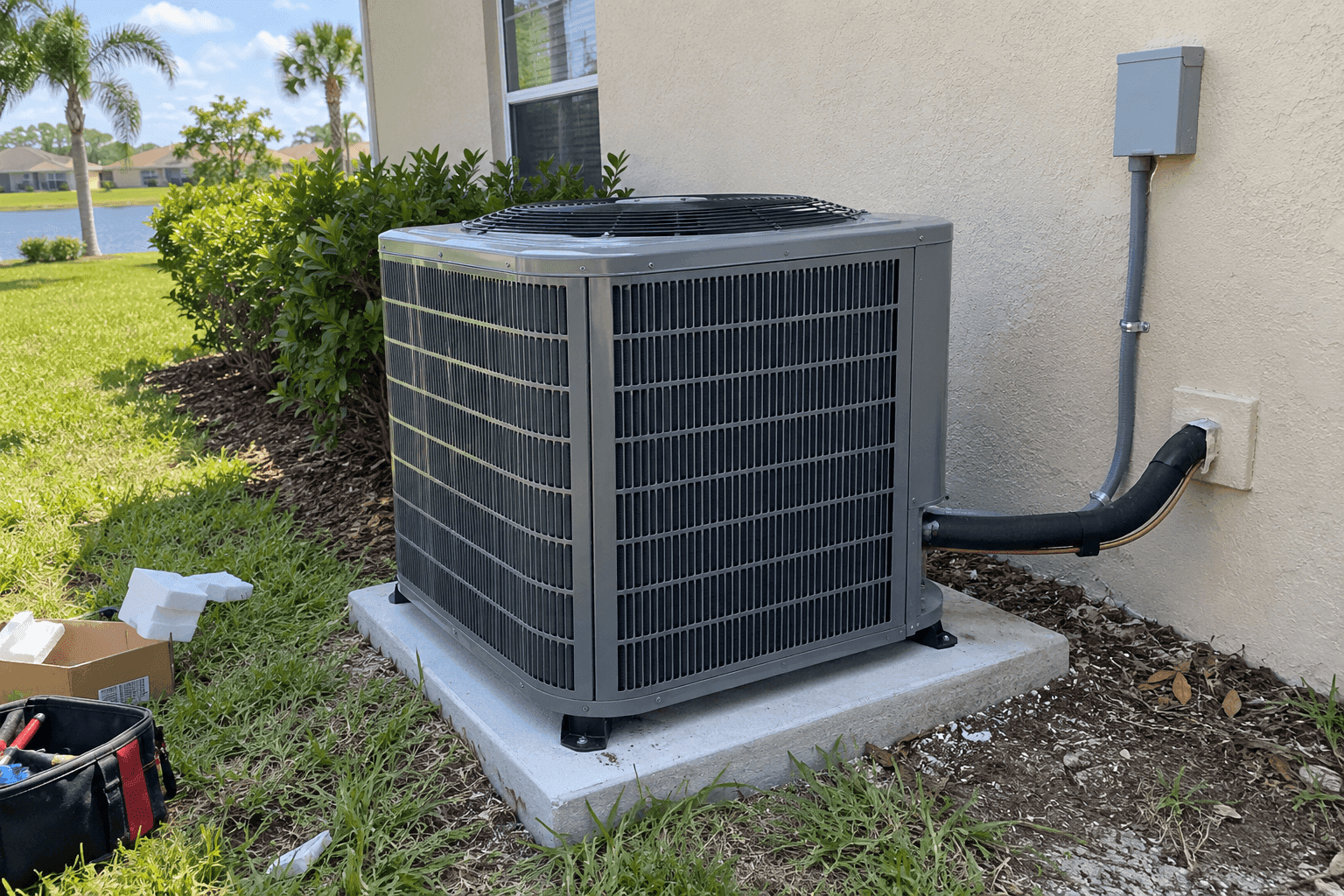 New residential air conditioning condenser installation
